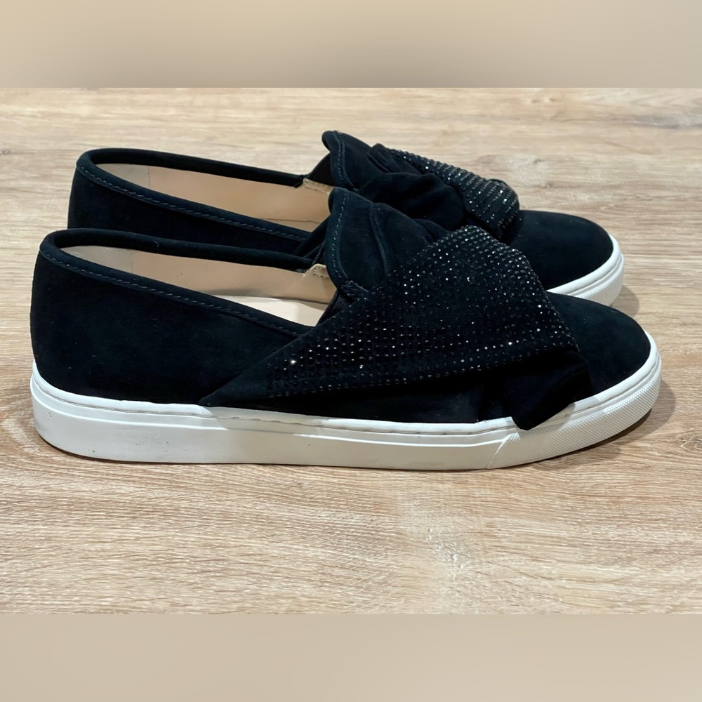 Black Slip-On Suede Sneakers with Embellished Bow
